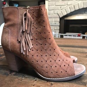 Toms Majorca Brown Suede Fringe Peep Toe Booties